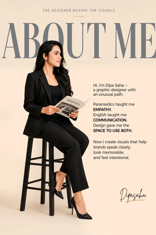 Poster: About me, Dipa seated with a Bauhaus magazine.